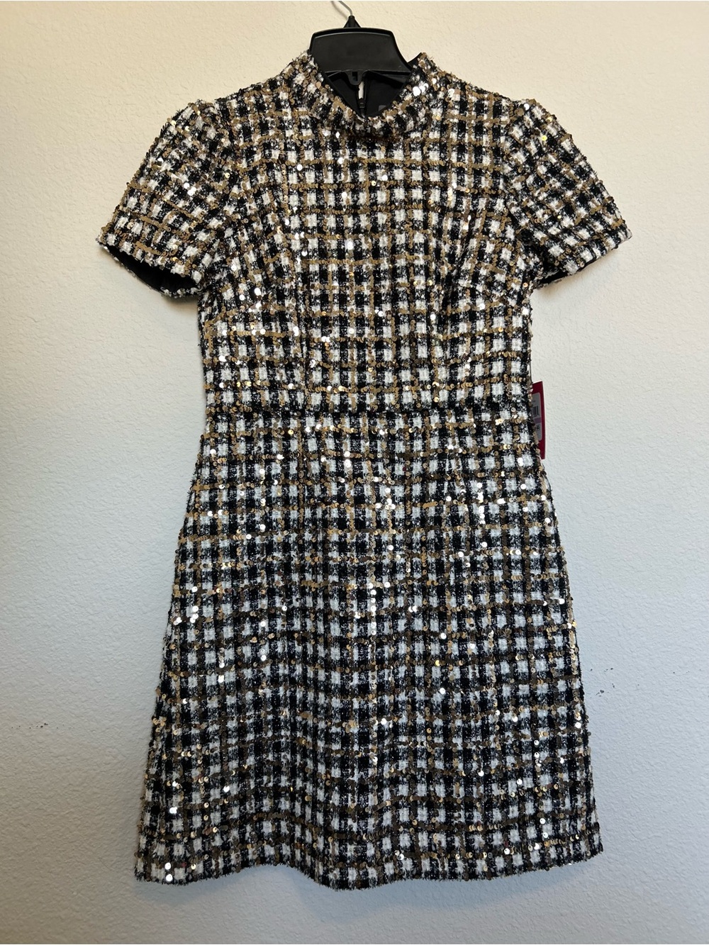 Vince Camuto Black, White & Gold Tweed Sequin Mini Dress